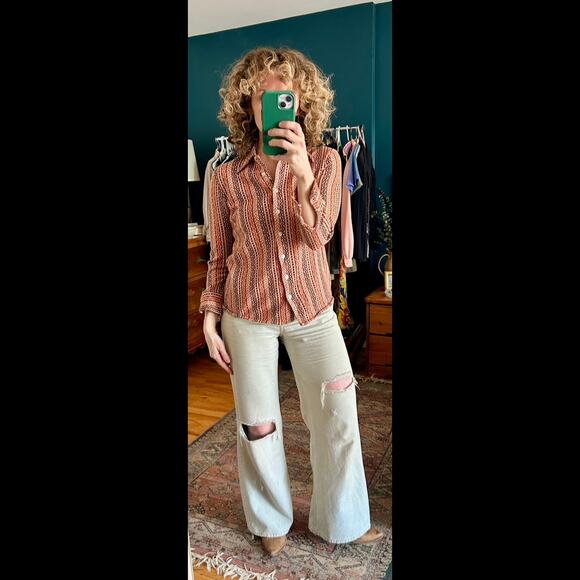1970's Women's Dagger Collar Button Down Shirt Size Medium | 70's Blouse - Picture 1 of 6